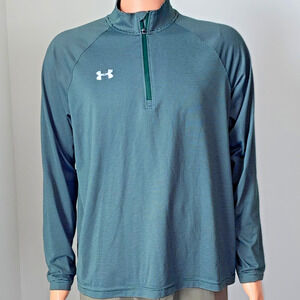 Under Armour Womens Large Green Stripe 1/4 Zip Tech Heatgear Long Sleeve Top